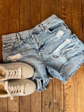 We The Free Distressed Light Blue Denim Cutoff Shorts high waisted button fly